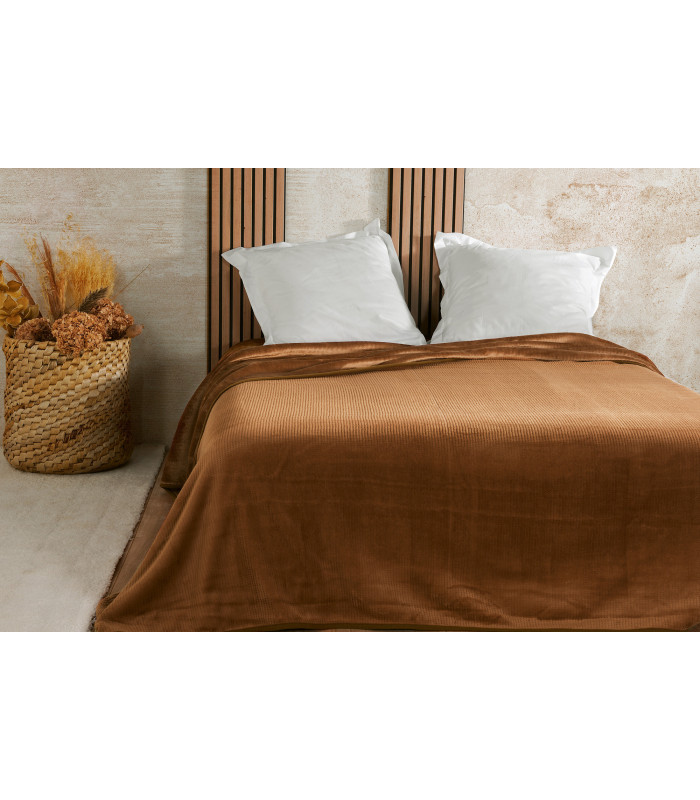 Couvre lit velours gaufré marron