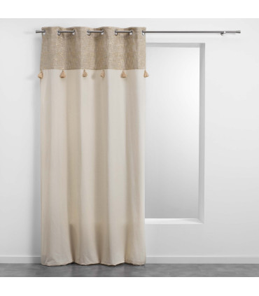Rideau à Œillets avec Haut Effet Lin et Pompons – Beige Naturel