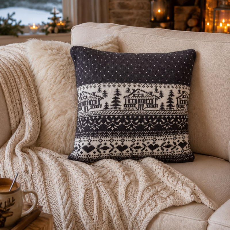 Coussin façon pull 40 x 40 cm réversible – Motif Chalet Chocolat & Écru