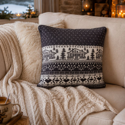 Coussin façon pull 40 x 40 cm réversible – Motif Chalet Chocolat & Écru