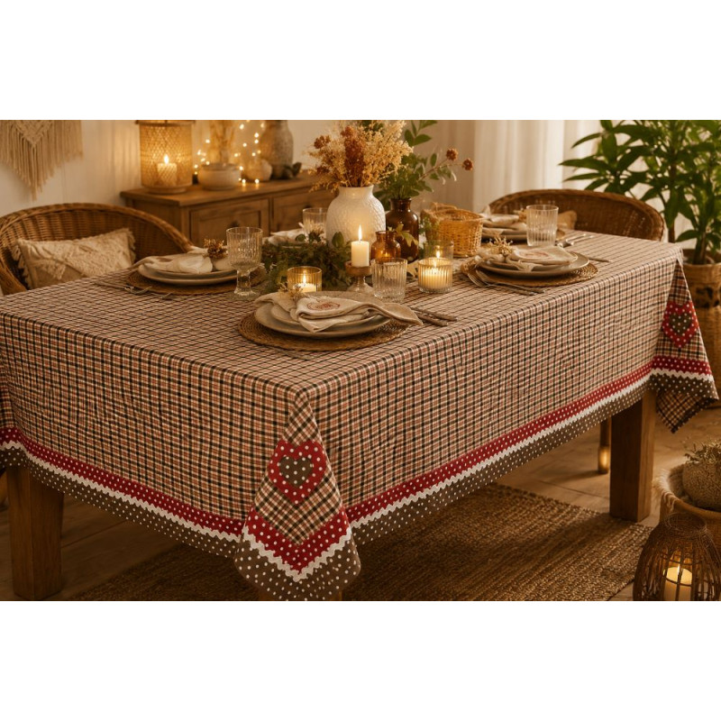 Nappe en tissu à carreaux avec encadrement à pois et cœurs appliqués – Style campagne chic