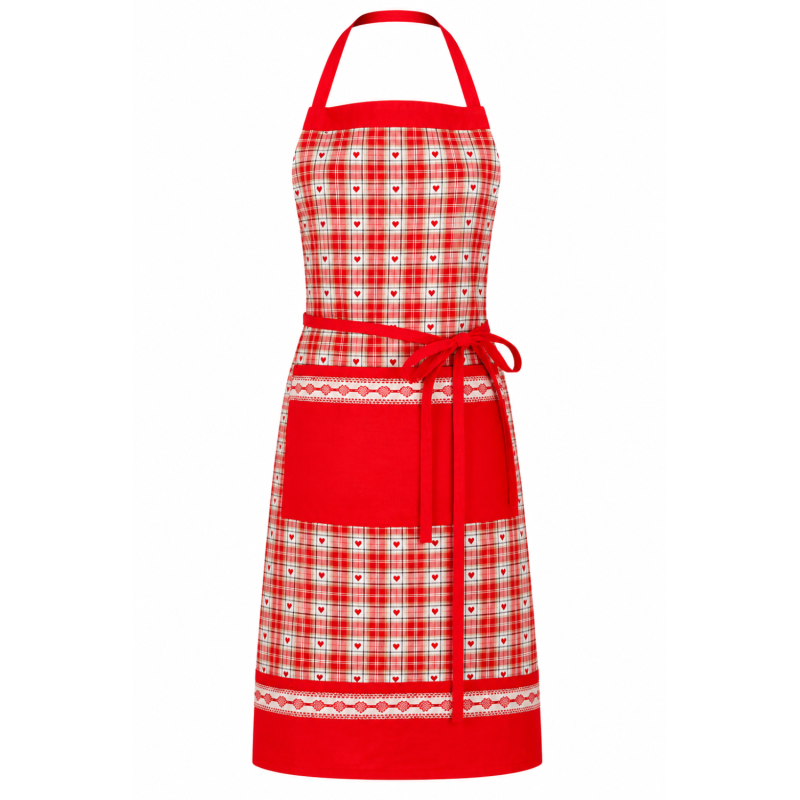 Tablier de cuisine à carreaux rouges avec motifs cœurs – Coton
