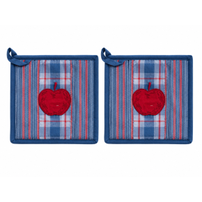Lot de 2 maniques en coton bleu à carreaux et rayures avec pomme brodée