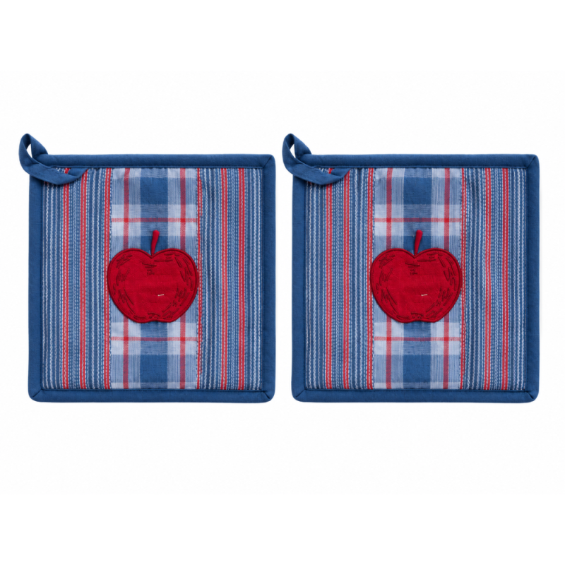 Lot de 2 maniques en coton bleu à carreaux et rayures avec pomme brodée