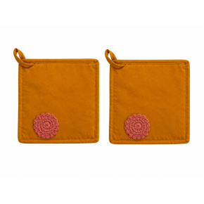 Lot de 2 maniques en coton ocre avec fleur au crochet – Esprit bohème