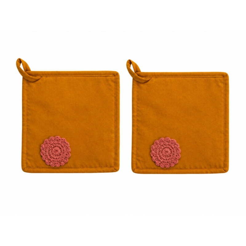 Lot de 2 maniques en coton ocre avec fleur au crochet – Esprit bohème