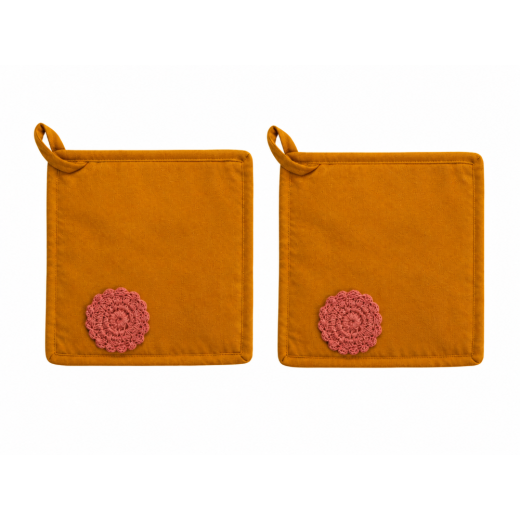 Lot de 2 maniques en coton ocre avec fleur au crochet – Esprit bohème
