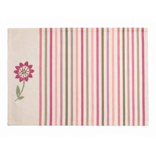 Set de table rayé en coton écru, camaïeu de roses et fleur brodée