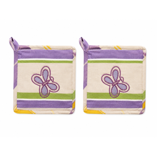 Lot de 2 maniques en coton rayées avec papillon brodé – Tons mauve, vert et jaune