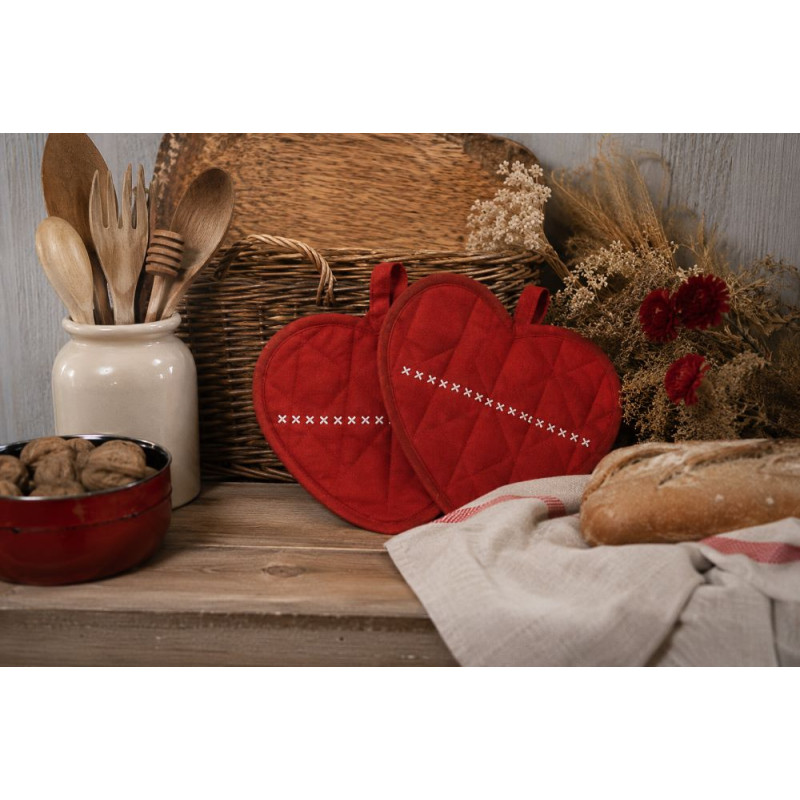 Lot de 2 maniques cœur en coton brodé – Collection Zoé – Rouge, Chocolat ou Kaki