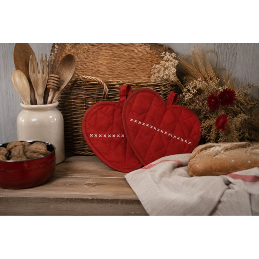 Lot de 2 maniques cœur en coton brodé – Collection Zoé – Rouge, Chocolat ou Kaki