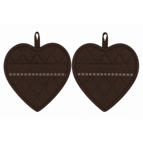 Lot de 2 maniques cœur en coton brodé – Collection Zoé – Rouge, Chocolat ou Kaki