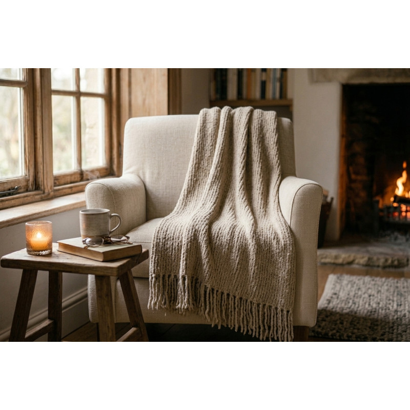 Plaid Camille 130 x 160 cm – Doux, Épais et Chaleureux à Franges taupe