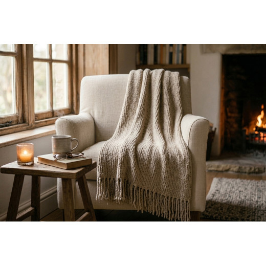 Plaid Camille 130 x 160 cm – Doux, Épais et Chaleureux à Franges taupe