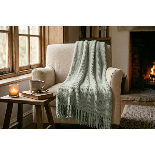 Plaid Camille 130 x 160 cm – Doux, Épais et Chaleureux à Franges vert sauge