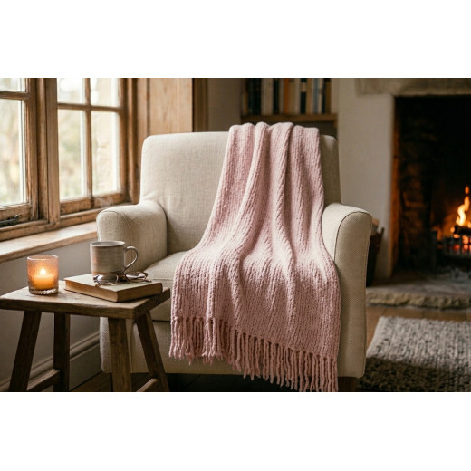 Plaid Camille 130 x 160 cm – Doux, Épais et Chaleureux à Franges rose