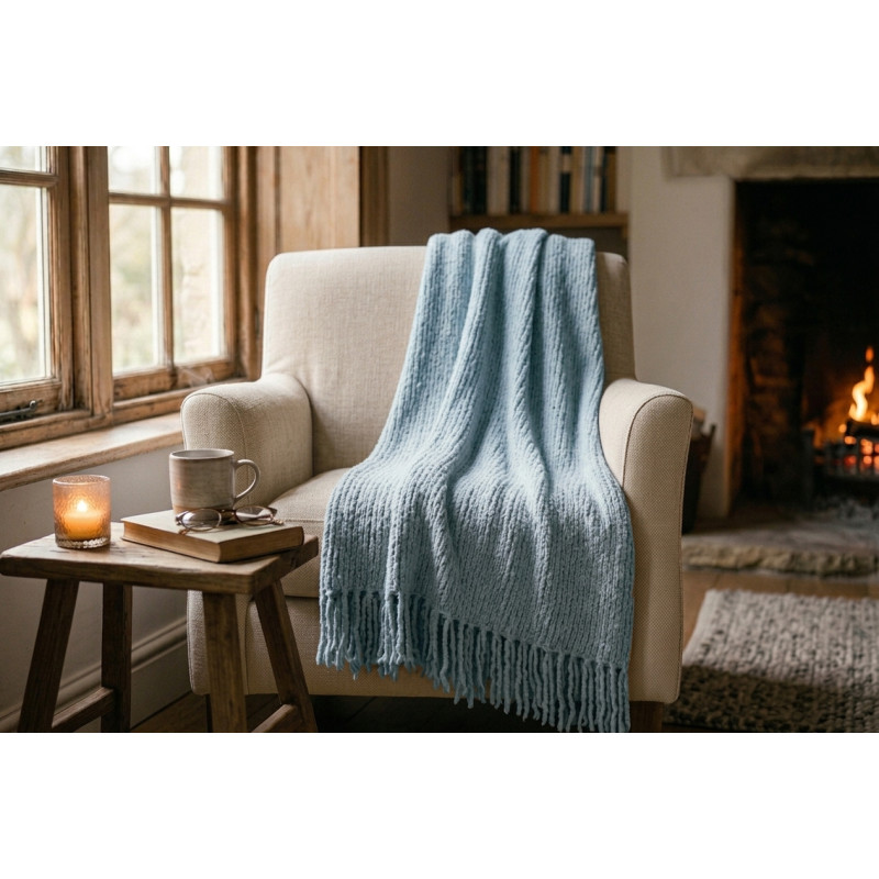 Plaid Camille 130 x 160 cm – Doux, Épais et Chaleureux à Franges bleu ciel