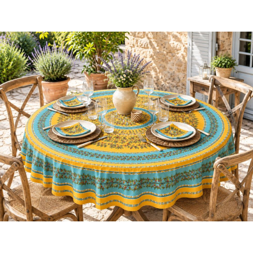 Nappe ronde provençale Ocre & Céladon Ø180 cm avec 6 serviettes – Fabriquée en France