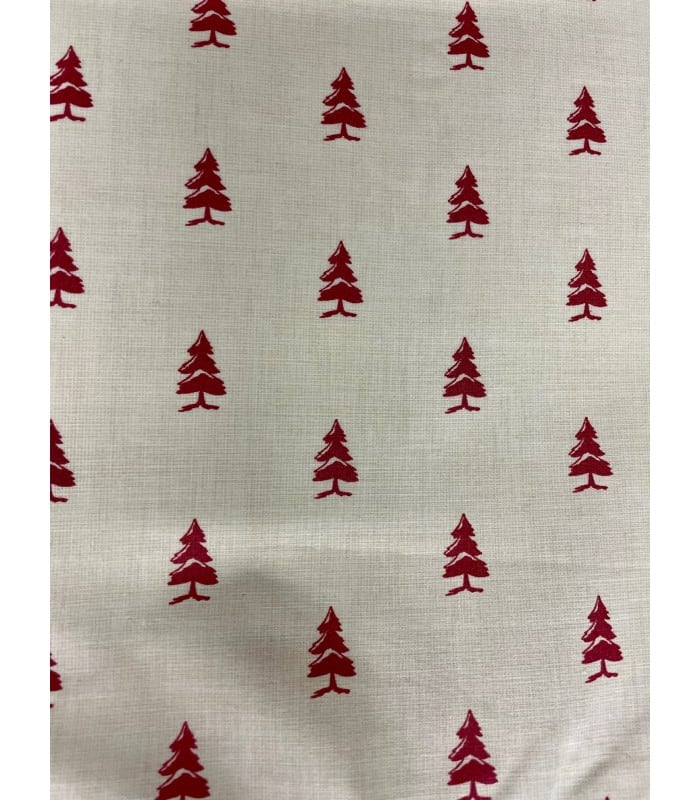 Tissu Montagne Sapin rouge fond écru