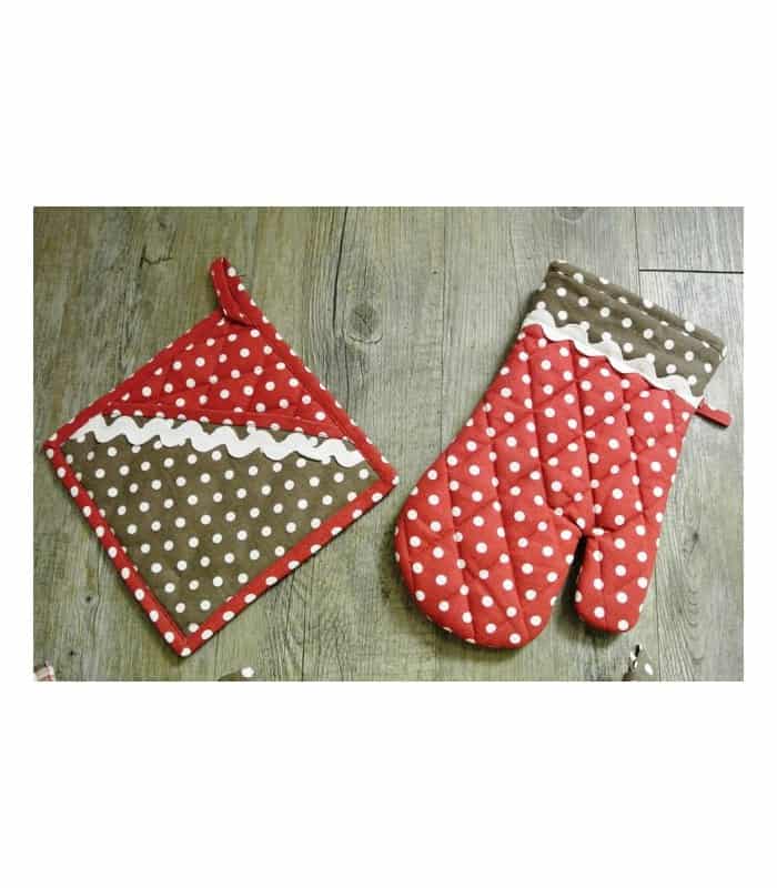 Gant et Manique à pois chocolat rouge 