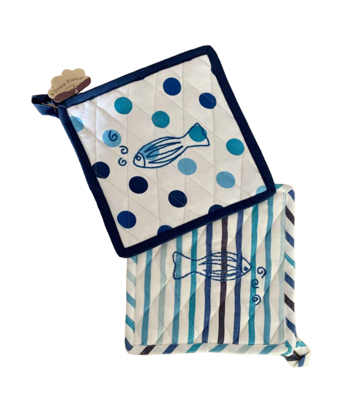Maniques brodée  poisson à pois et à rayure bleu x2